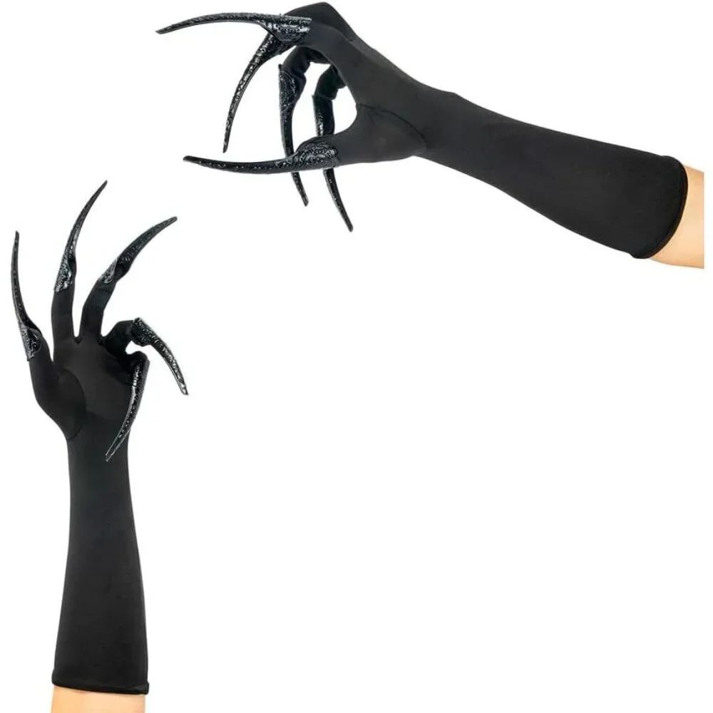 Black Faux Leather Claw Gloves with 10pcs Long Finger Claws Cosplay Halloween